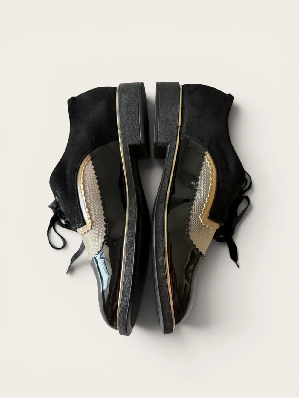 BeautiFeel Black Patent Cream Leather Spectator Lace Up Oxford Flats⁠